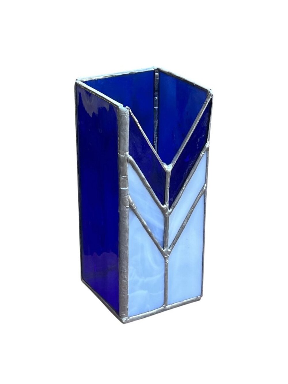 Handcrafted Stained Glass Cobalt Blue & White Candle Shelter Geometric Design 6"